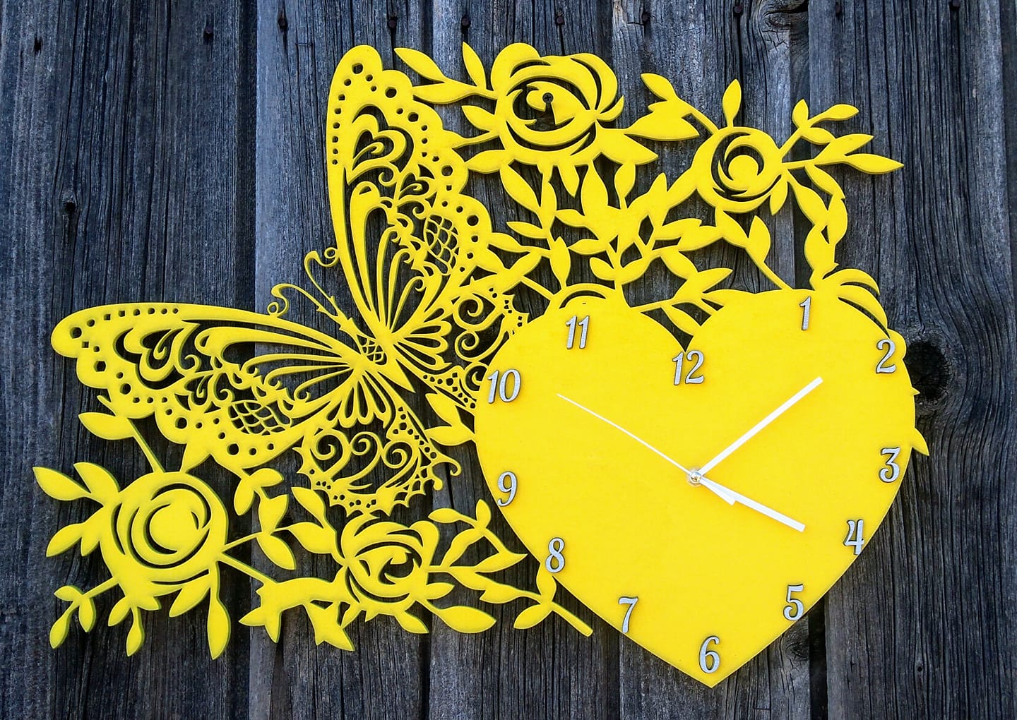 Download Laser Cut Decor Wall Clock With Butterfly Heart And Flowers Free Vector Designs Cnc Free Vectors For All Machines Cutting Laser Router
