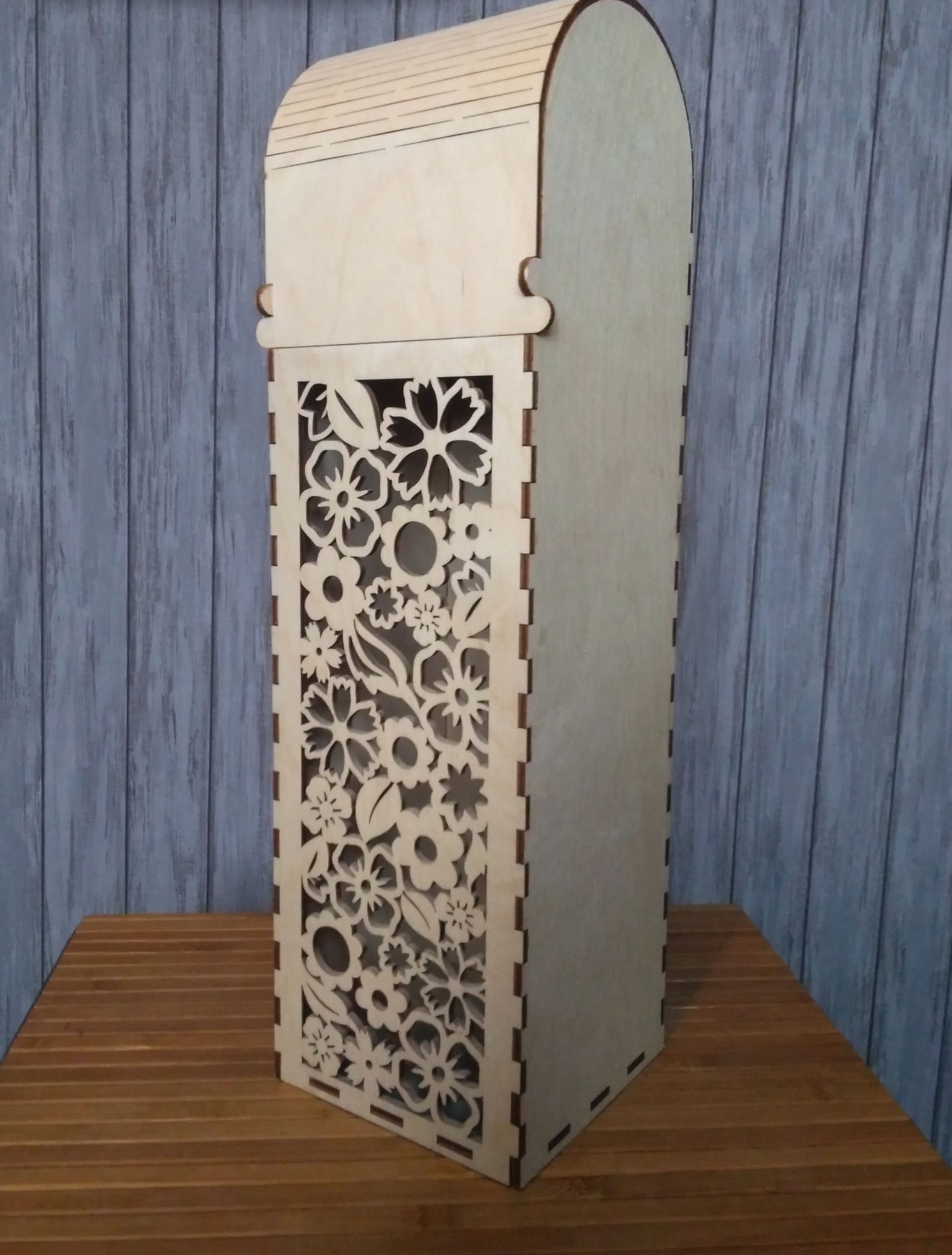 Laser Cut One Bottle Wooden Wine Box With Hinged Lid Gift Box Free
